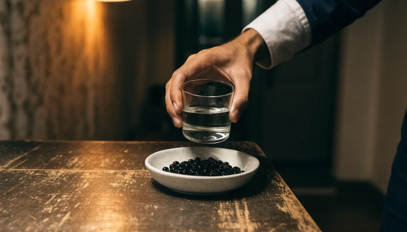 Vaso de agua y un platillo pequeño con cápsulas negras sobre una barra de granito por la noche