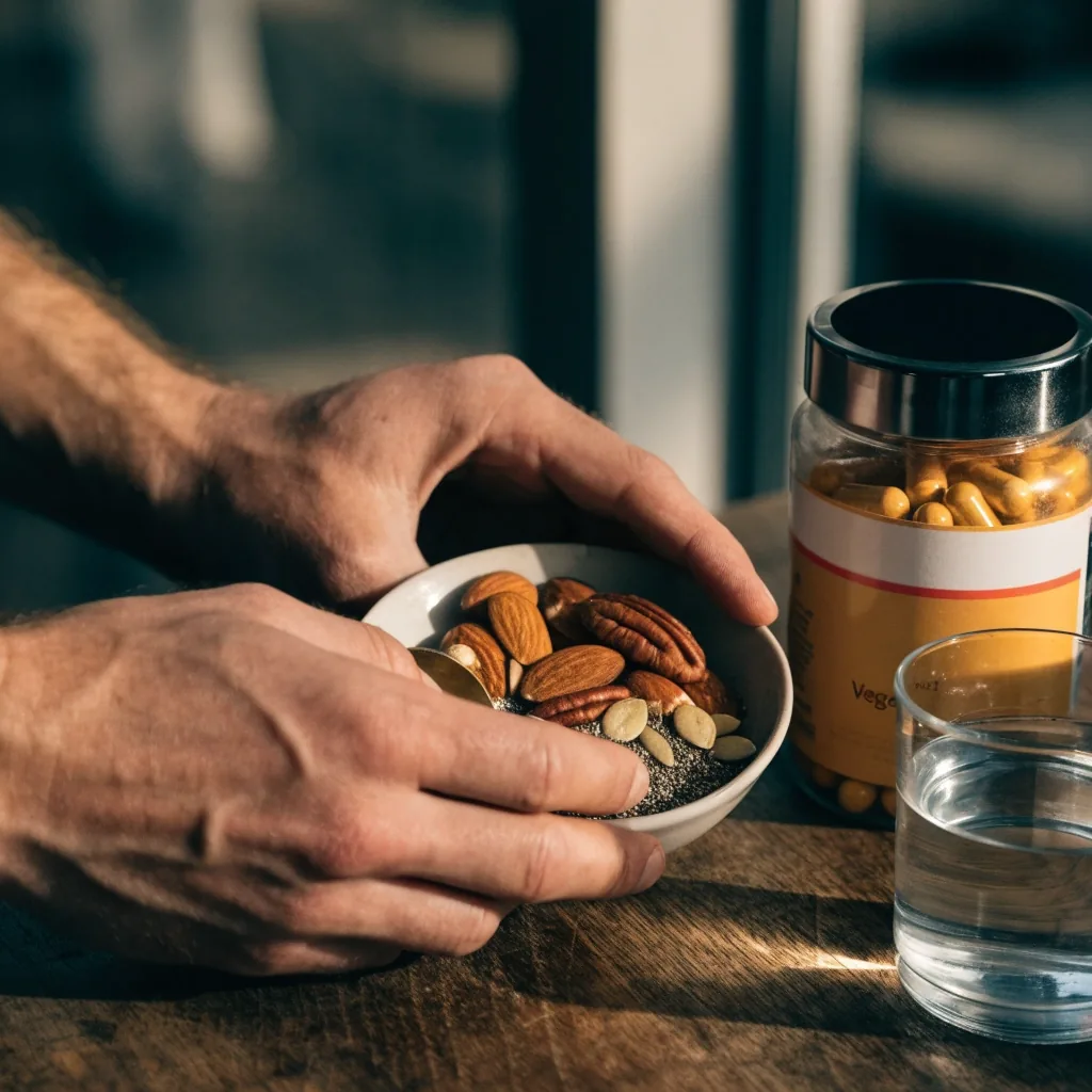Plato pequeño con semillas de calabaza y una cuchara de madera sobre una superficie de pizarra oscura