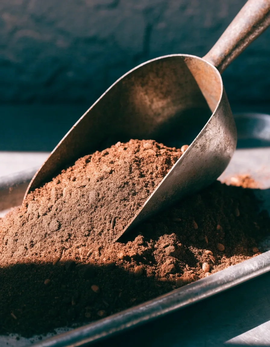 Cuchara de acero sobre polvo botánico de guaraná y maca en una bandeja metálica