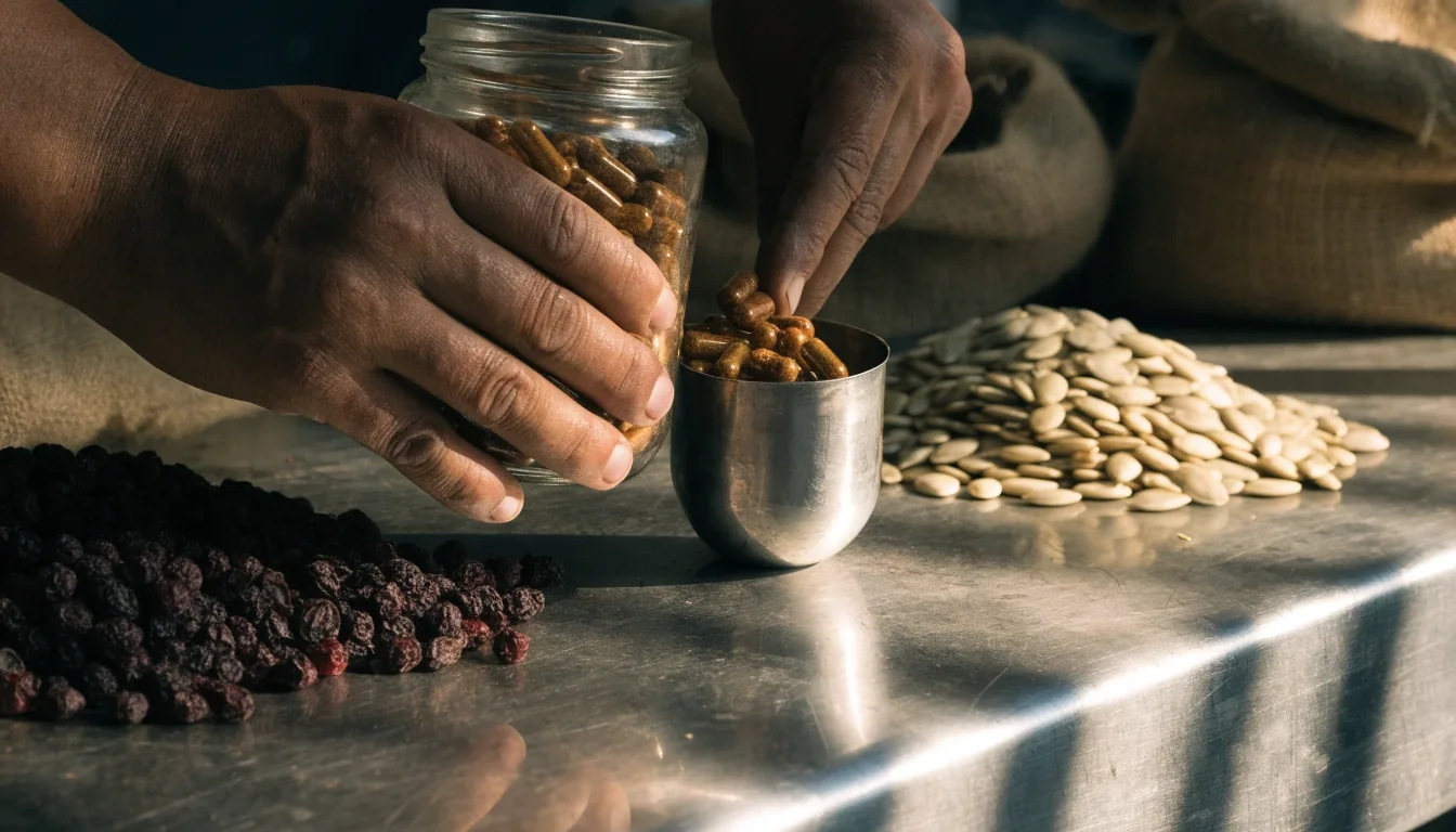 Manos cerrando una cápsula negra mate sobre una superficie de acero, con semillas de calabaza al fondo
