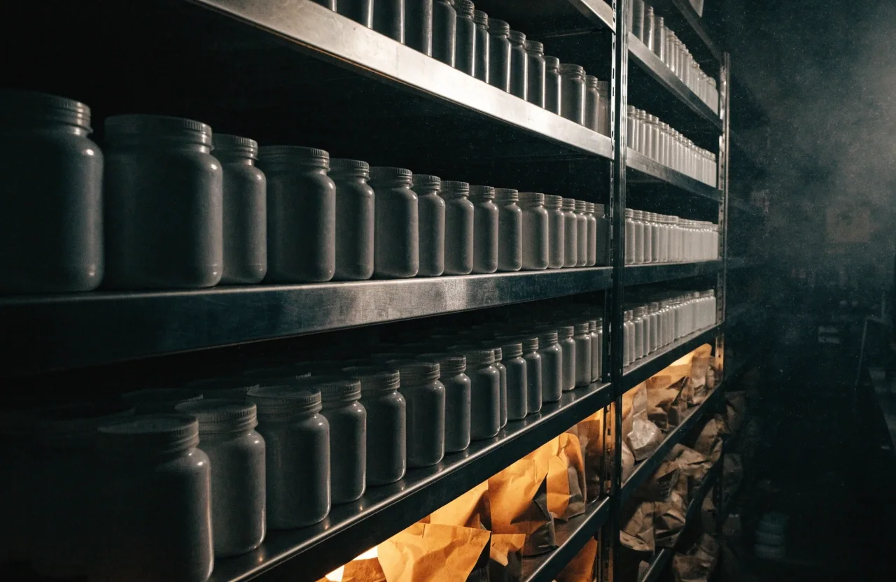 Estantería de taller con frascos mate sin etiqueta y bolsas de papel sobre un rack de acero, iluminada por una tira ámbar