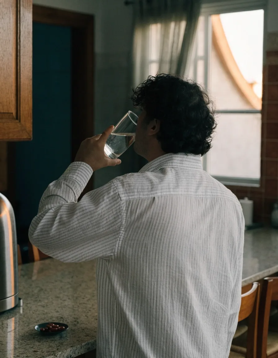Hombre de espaldas bebiendo agua en la barra de una cocina con un platillo de cápsulas junto a él